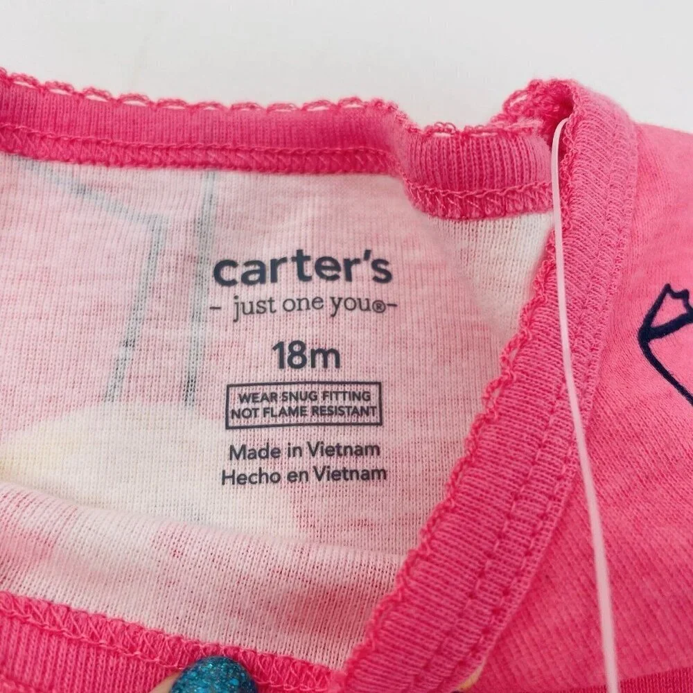 Carters Baby Girls 12/18 Months Lot of 2 Pajama Tops in Pink Flamingo Print 1067